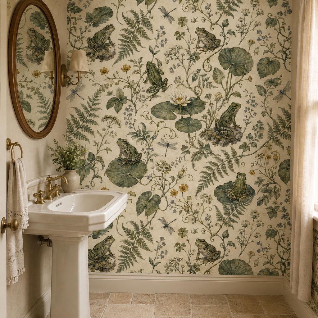 Sage frog botanical wallpaper in a powder room with a pedestal sink and oval wooden mirror