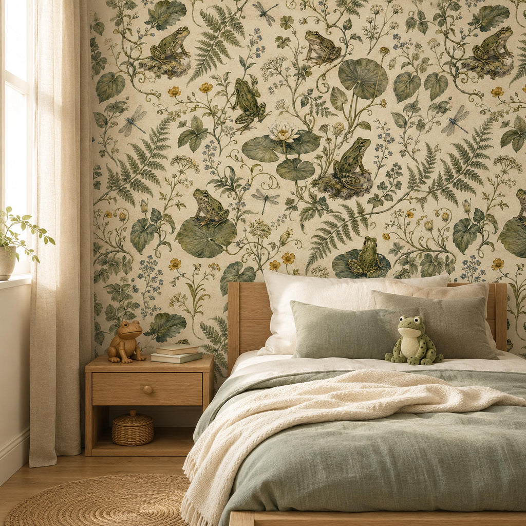 Sage frog botanical wallpaper behind a bed with sage green bedding and a wooden nightstand