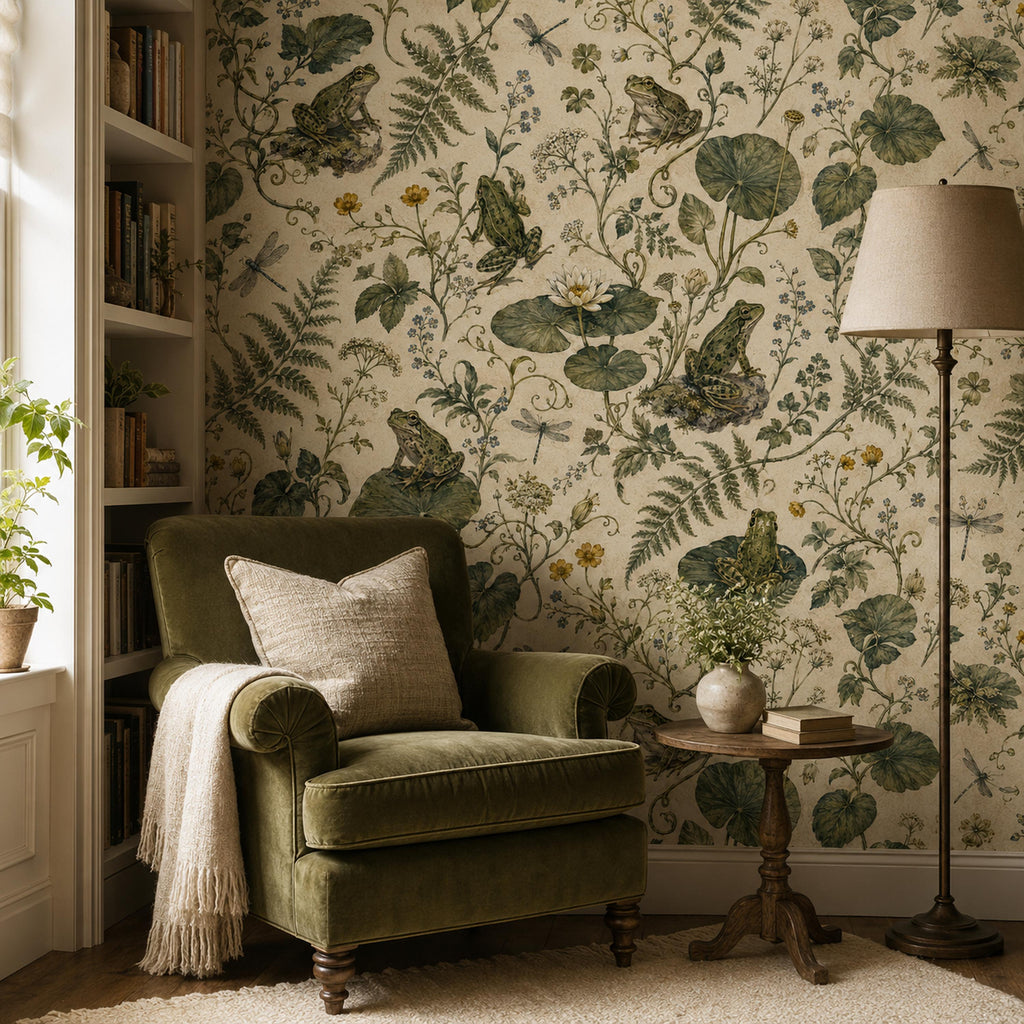 Sage frog botanical wallpaper in a reading corner with a green velvet armchair and floor lamp
