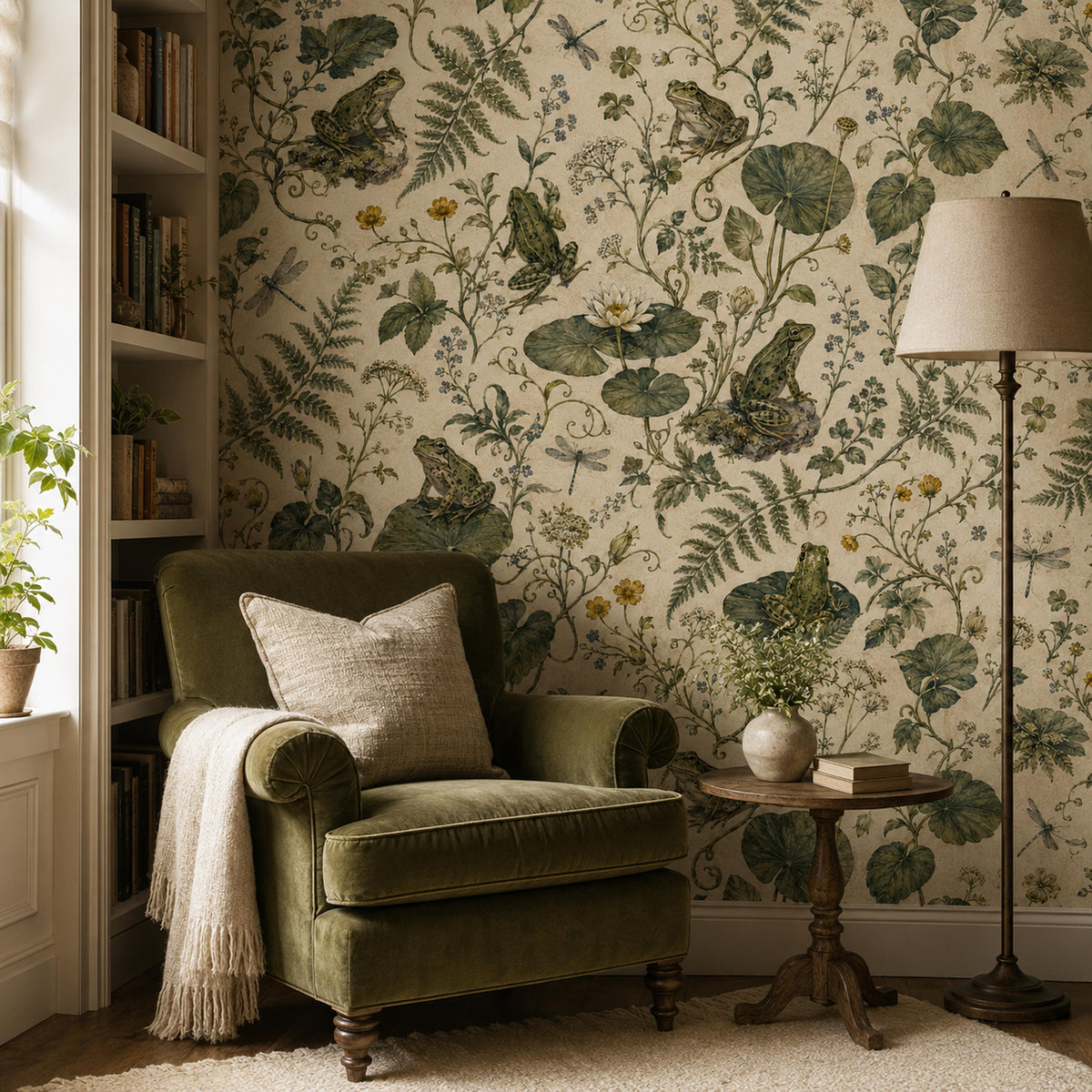 Sage frog botanical wallpaper in a reading corner with a green velvet armchair and floor lamp