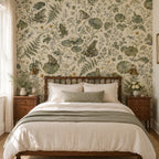Sage frog botanical wallpaper behind a bed with a spindle headboard and two wooden nightstands