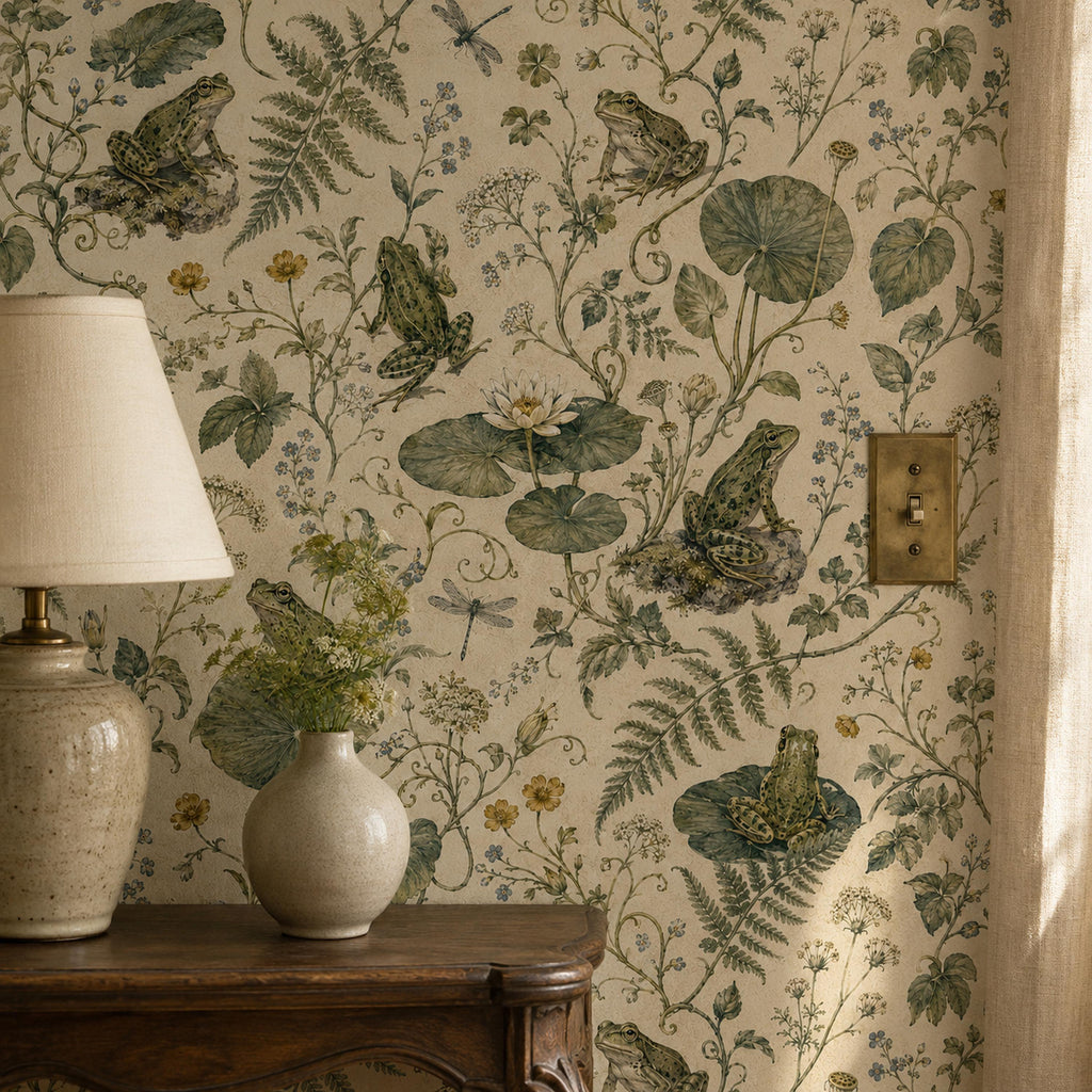 Sage frog botanical wallpaper close-up beside a ceramic table lamp and vase