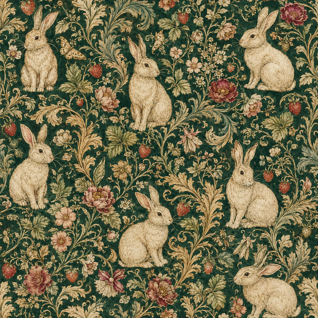 Dark green medieval rabbit wallpaper flat view of rabbits among strawberry vines and red flowers
