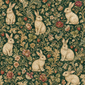 Dark green medieval rabbit wallpaper flat view of rabbits among strawberry vines and red flowers
