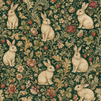 Dark green medieval rabbit wallpaper flat view of rabbits among strawberry vines and red flowers