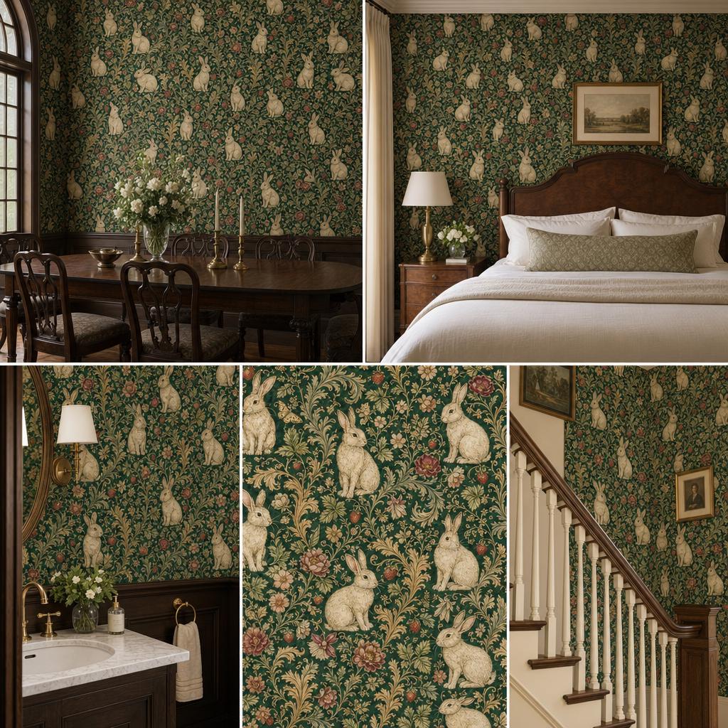 Dark green medieval rabbit wallpaper collage of dining room, bedroom, bathroom sink, print close-up and stairs