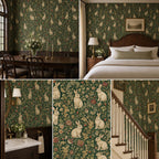 Dark green medieval rabbit wallpaper collage of dining room, bedroom, bathroom sink, print close-up and stairs