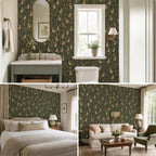 Dark green medieval rabbit wallpaper collage of a bathroom with arched mirror, a bedroom and a living room