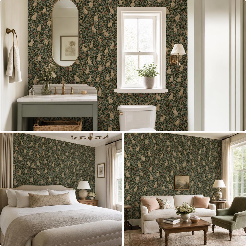 Dark green medieval rabbit wallpaper collage of a bathroom with arched mirror, a bedroom and a living room