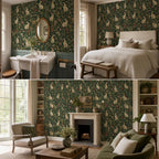 Dark green medieval rabbit wallpaper collage of a bathroom sink, bedroom and living room with fireplace