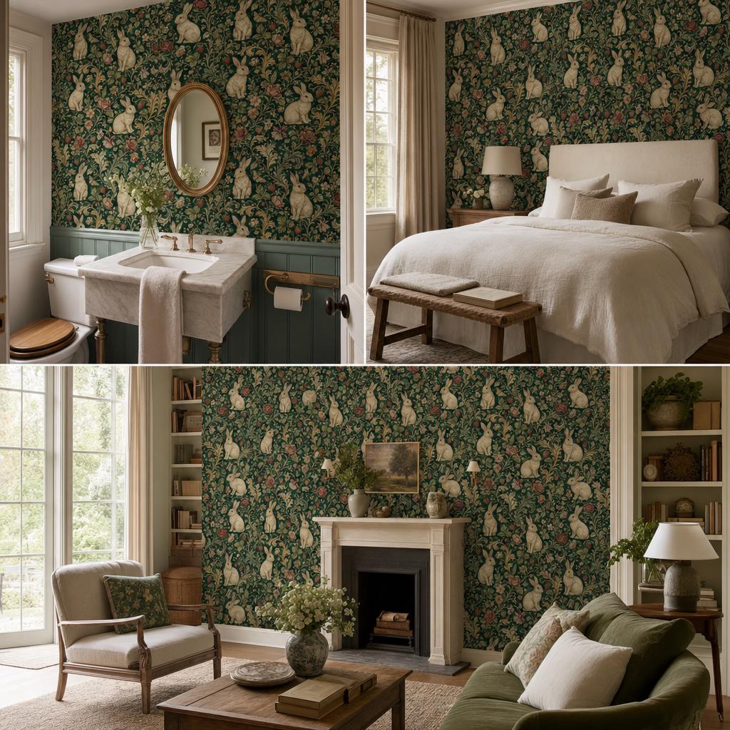 Dark green medieval rabbit wallpaper collage of a bathroom sink, bedroom and living room with fireplace