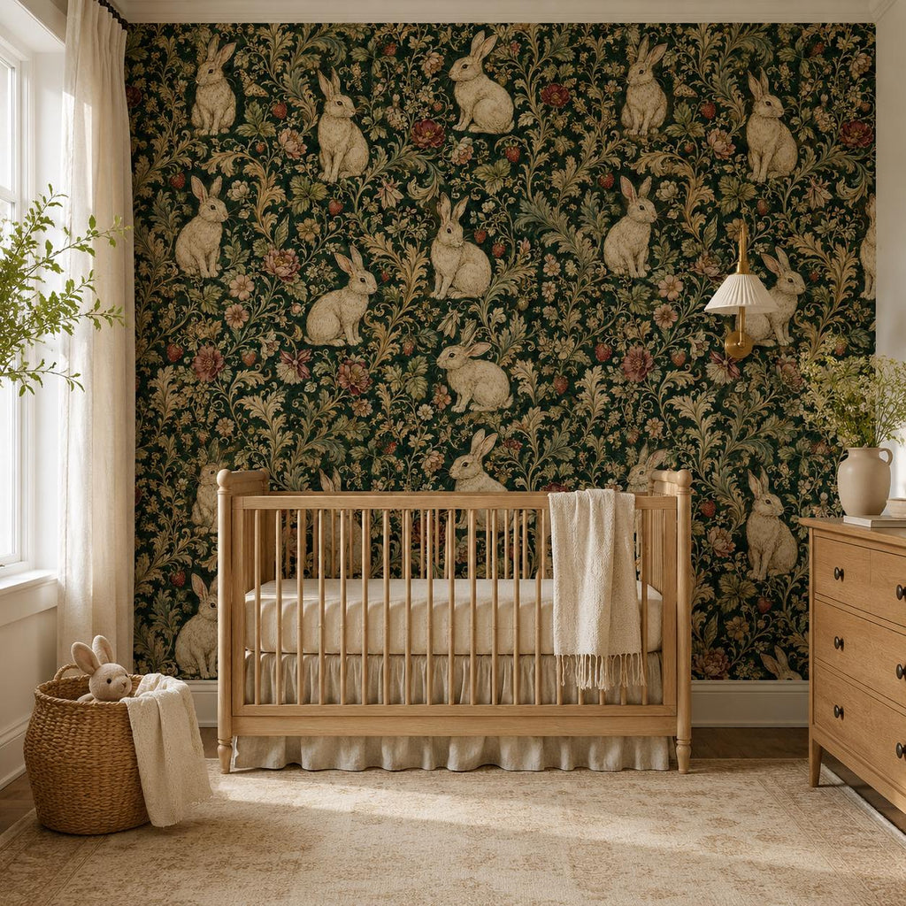 Dark green medieval rabbit wallpaper in a nursery with a wooden crib, dresser and woven basket