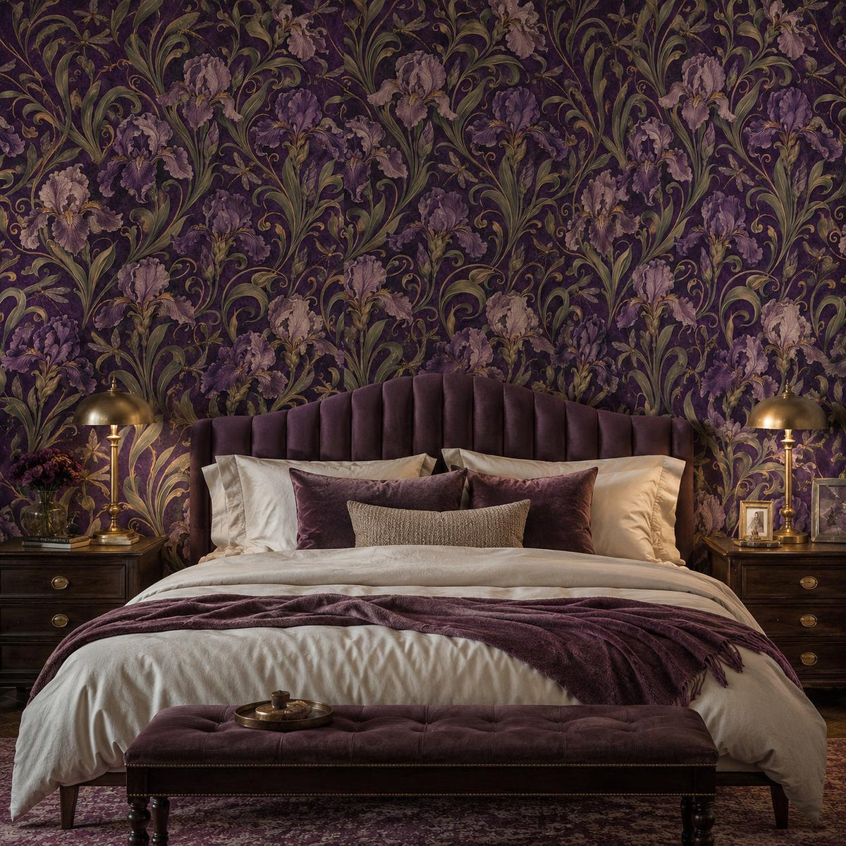 Art Nouveau iris wallpaper in a bedroom with an upholstered headboard, plum bedding and tufted bench