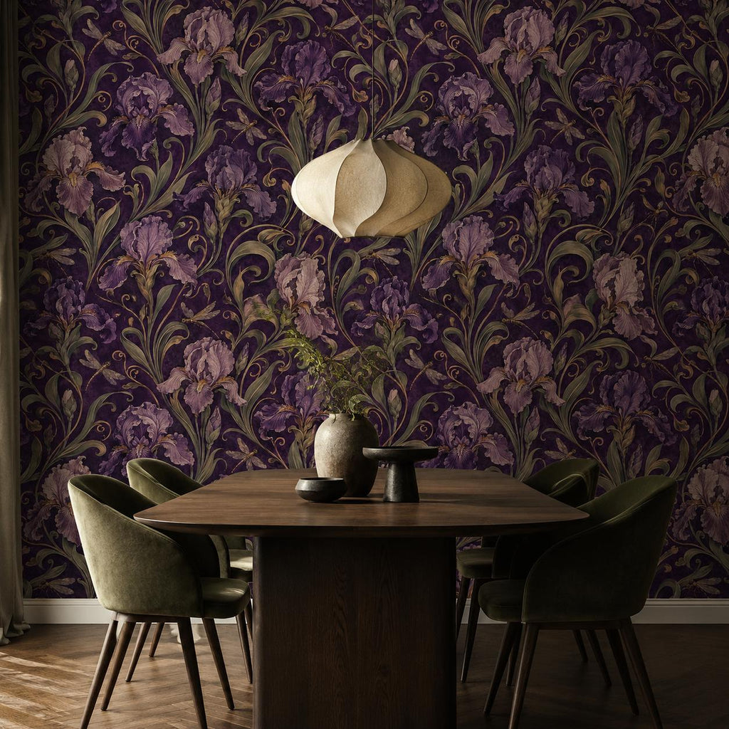 Art Nouveau iris wallpaper in a dining room with a dark wood table, green chairs and a white pendant