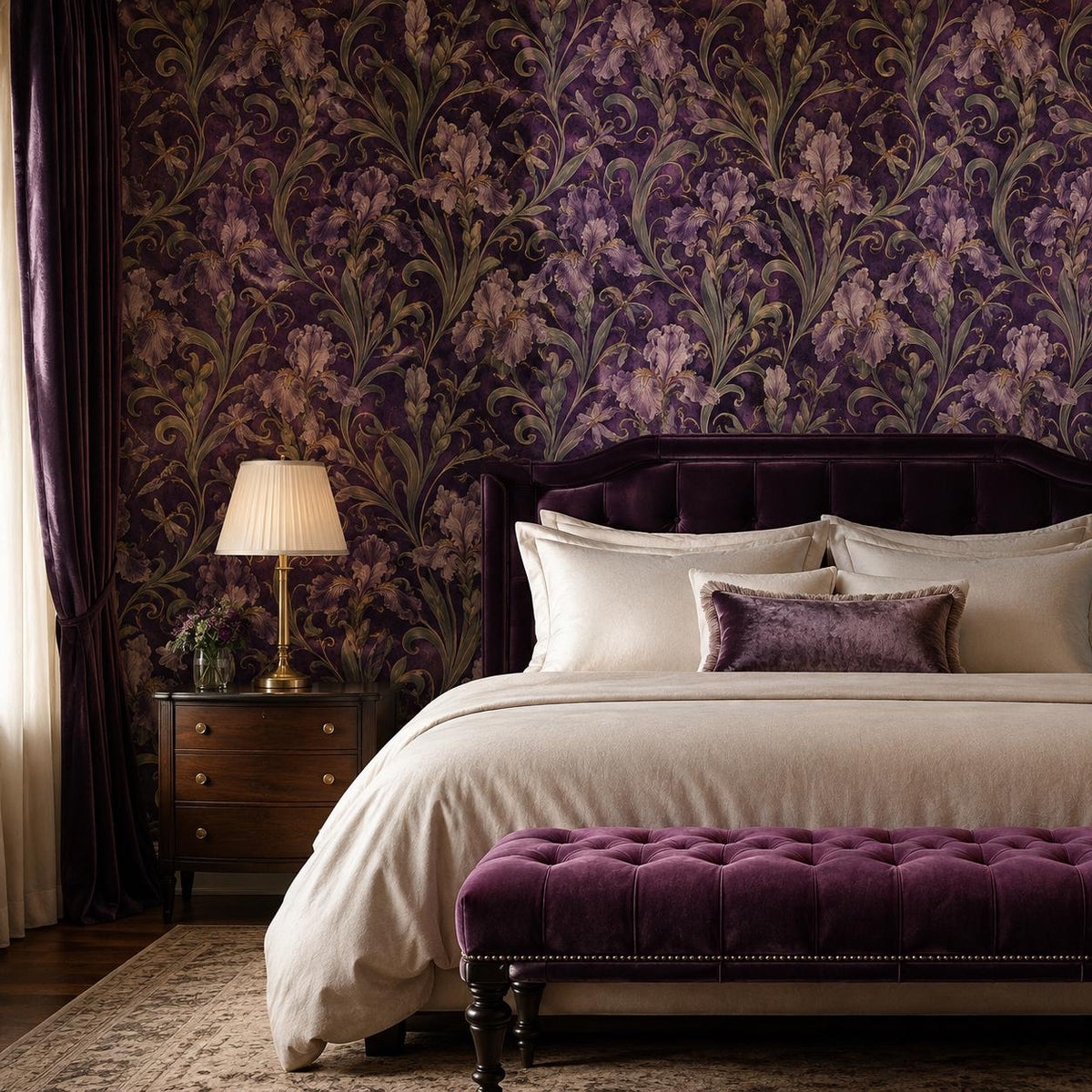 Art Nouveau iris wallpaper in a bedroom with a velvet headboard, white bedding and purple tufted bench