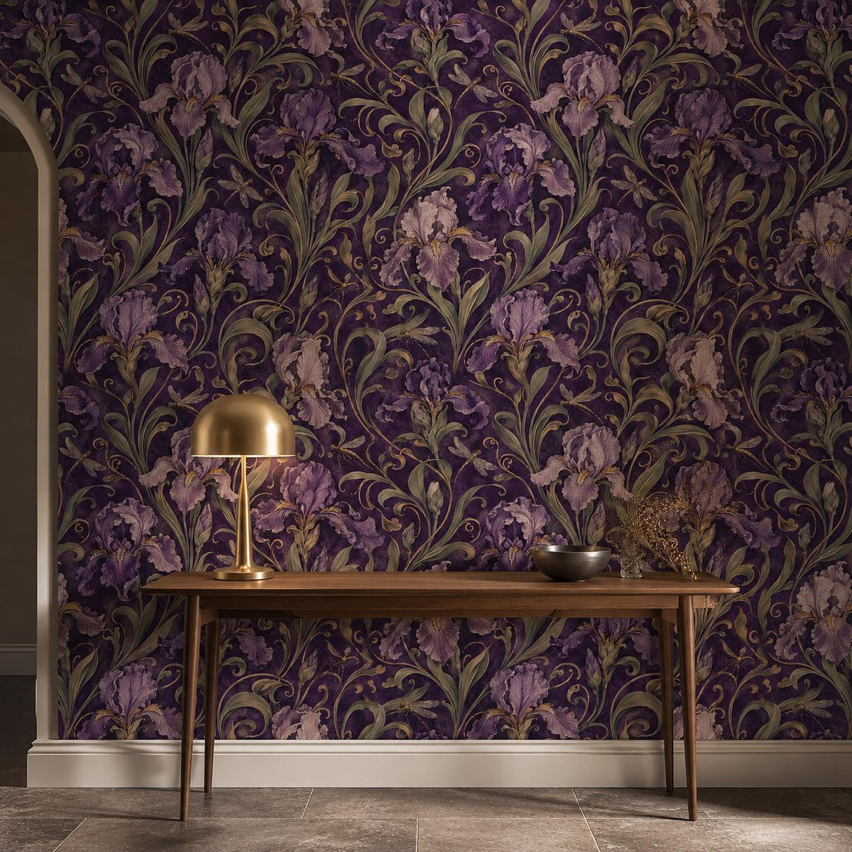 Art Nouveau iris wallpaper in an entryway with a slim wooden console and brass table lamp