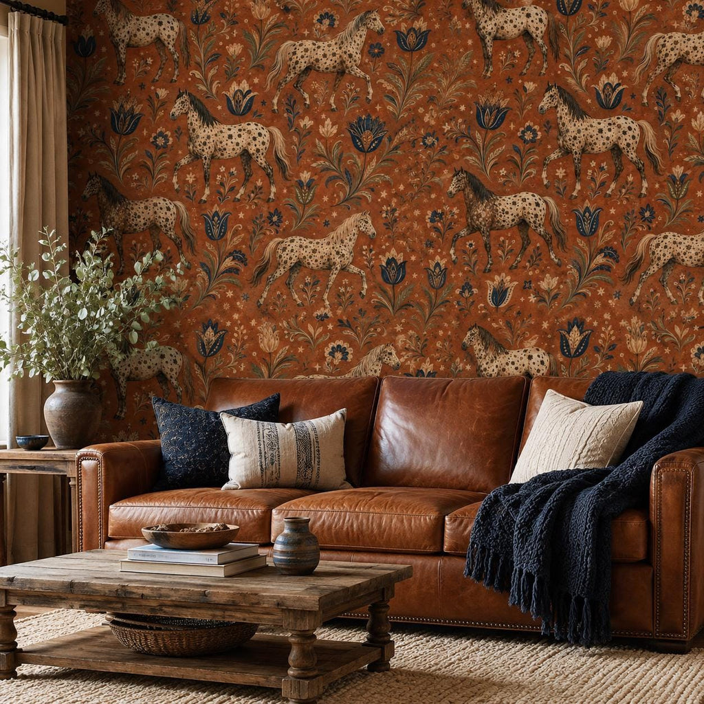 Terracotta folk art horse wallpaper in a living room with a brown leather sofa and rustic wooden coffee table