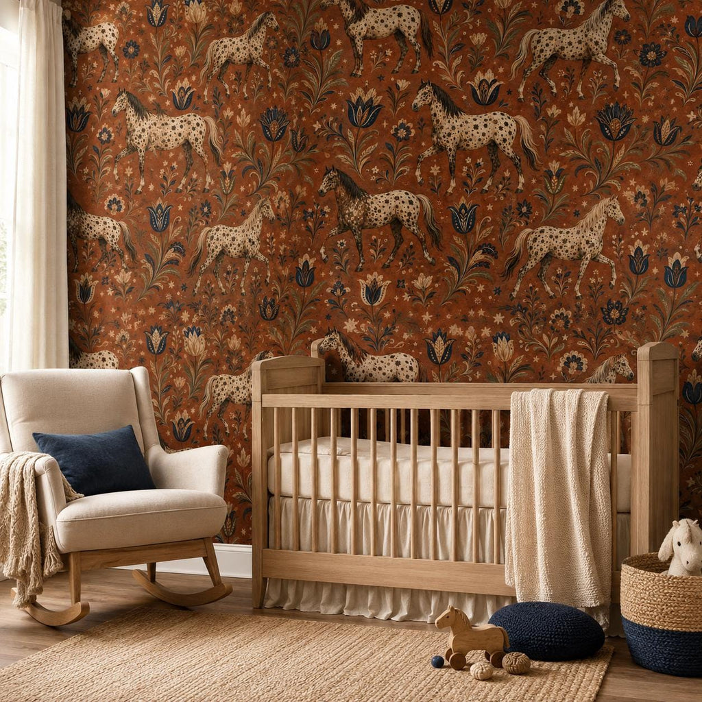 Terracotta folk art horse wallpaper in a nursery with a wooden crib, rocking chair and toy horse
