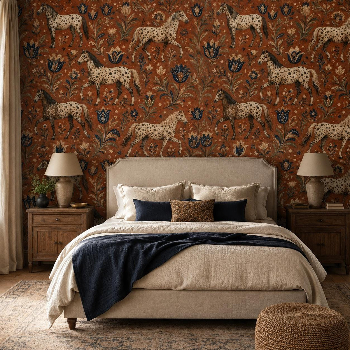 Terracotta folk art horse wallpaper in a bedroom with an upholstered bed, navy throw and bedside lamps