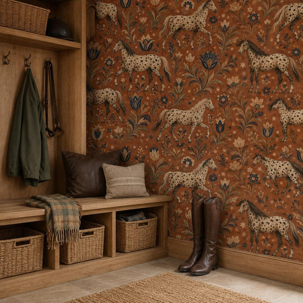 Terracotta folk art horse wallpaper in a mudroom with a wooden bench, coat hooks, baskets and riding boots