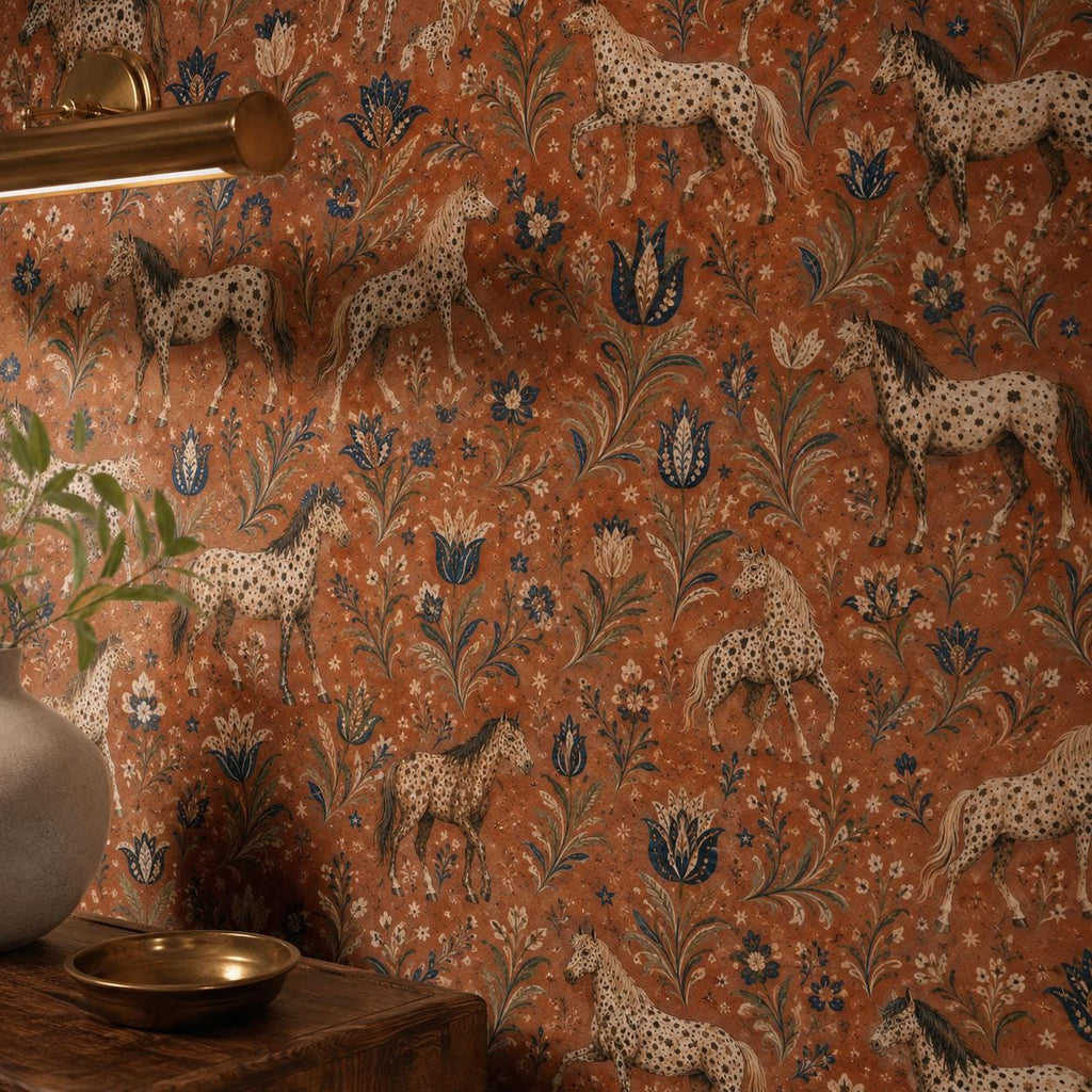 Terracotta folk art horse wallpaper close-up of the print with a brass wall light and a plant