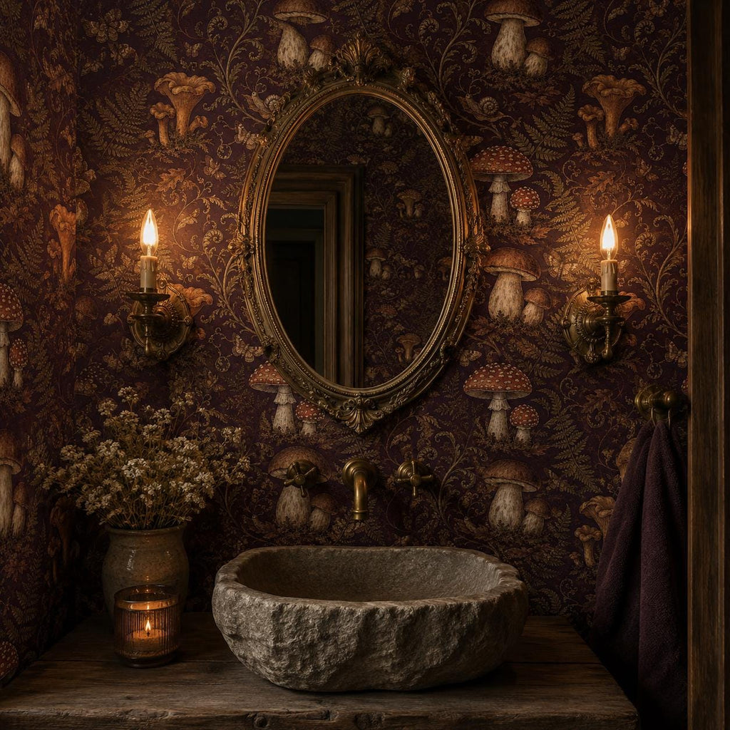 Dark plum mushroom toile wallpaper in a powder room with a stone vessel sink, oval mirror and candle sconces