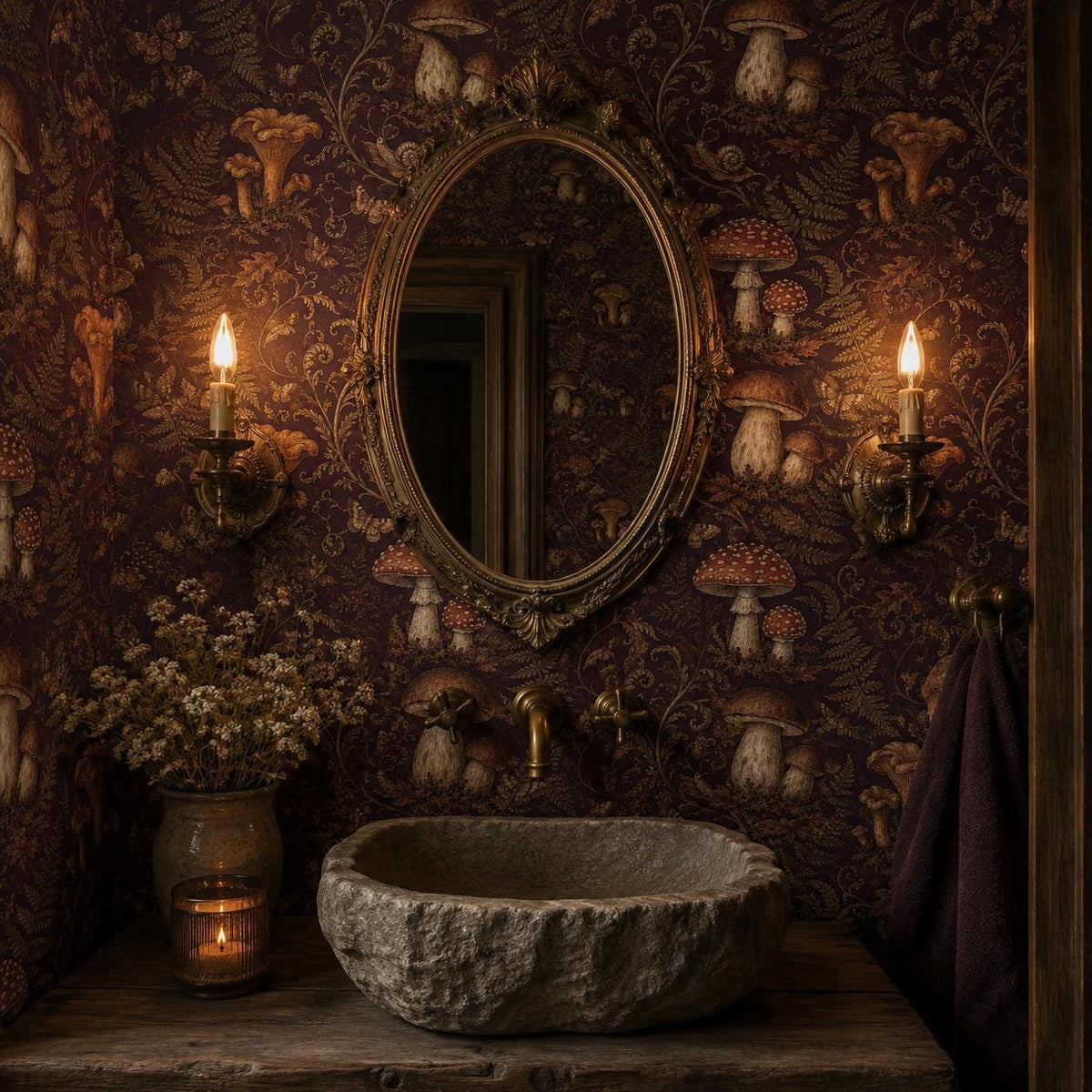 Dark plum mushroom toile wallpaper in a powder room with a stone vessel sink, oval mirror and candle sconces