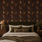 Dark plum mushroom toile wallpaper in a bedroom with a green velvet headboard and olive bedding