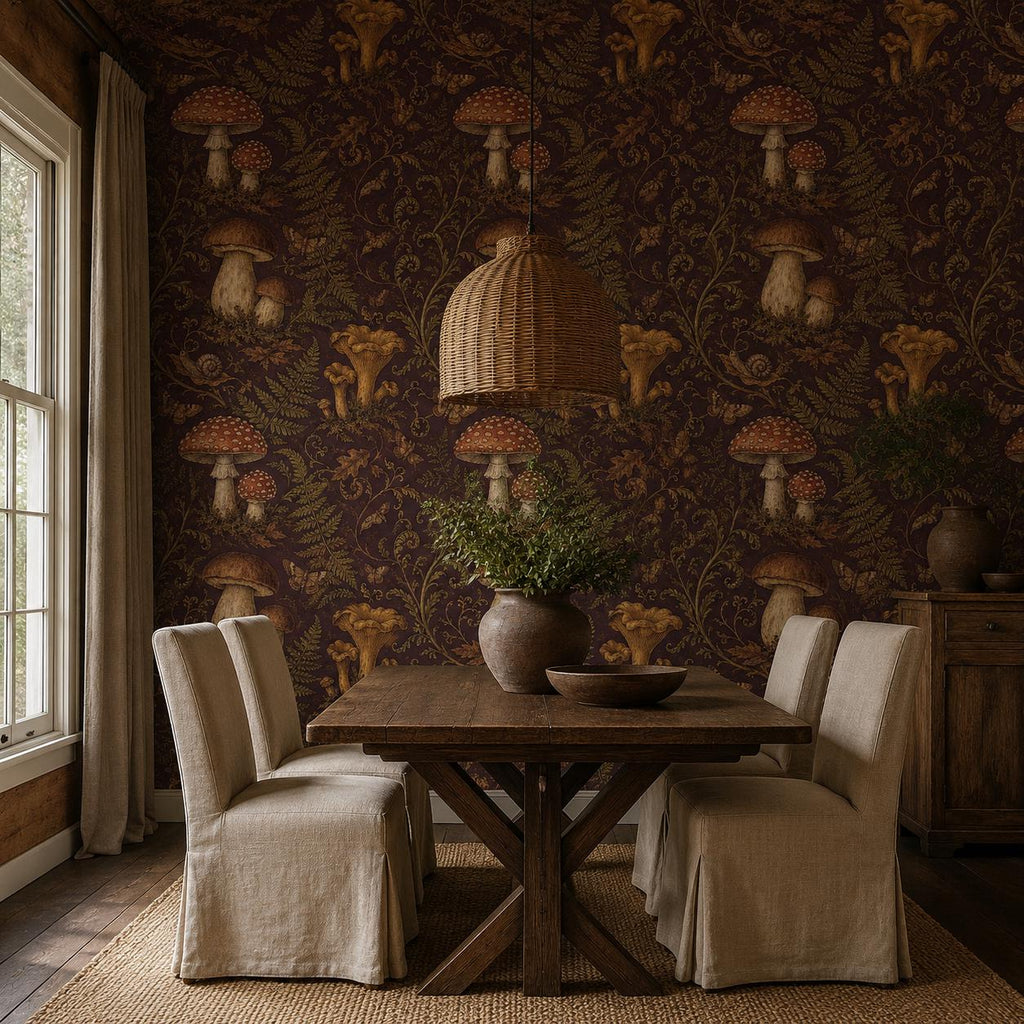Dark plum mushroom toile wallpaper in a dining room with a farmhouse table and linen slipcovered chairs