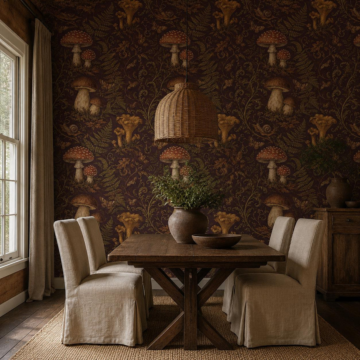 Dark plum mushroom toile wallpaper in a dining room with a farmhouse table and linen slipcovered chairs