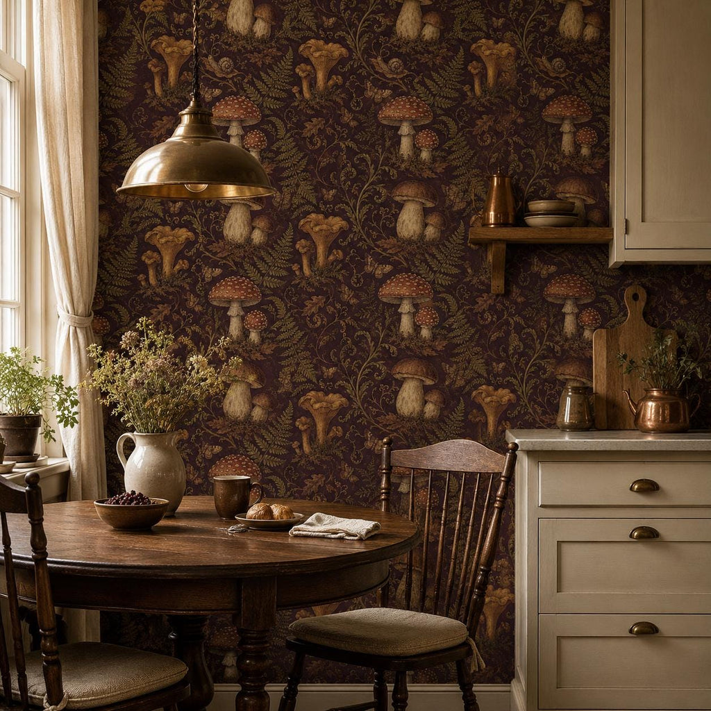Dark plum mushroom toile wallpaper in a kitchen nook with a round wooden table, brass pendant and cabinet