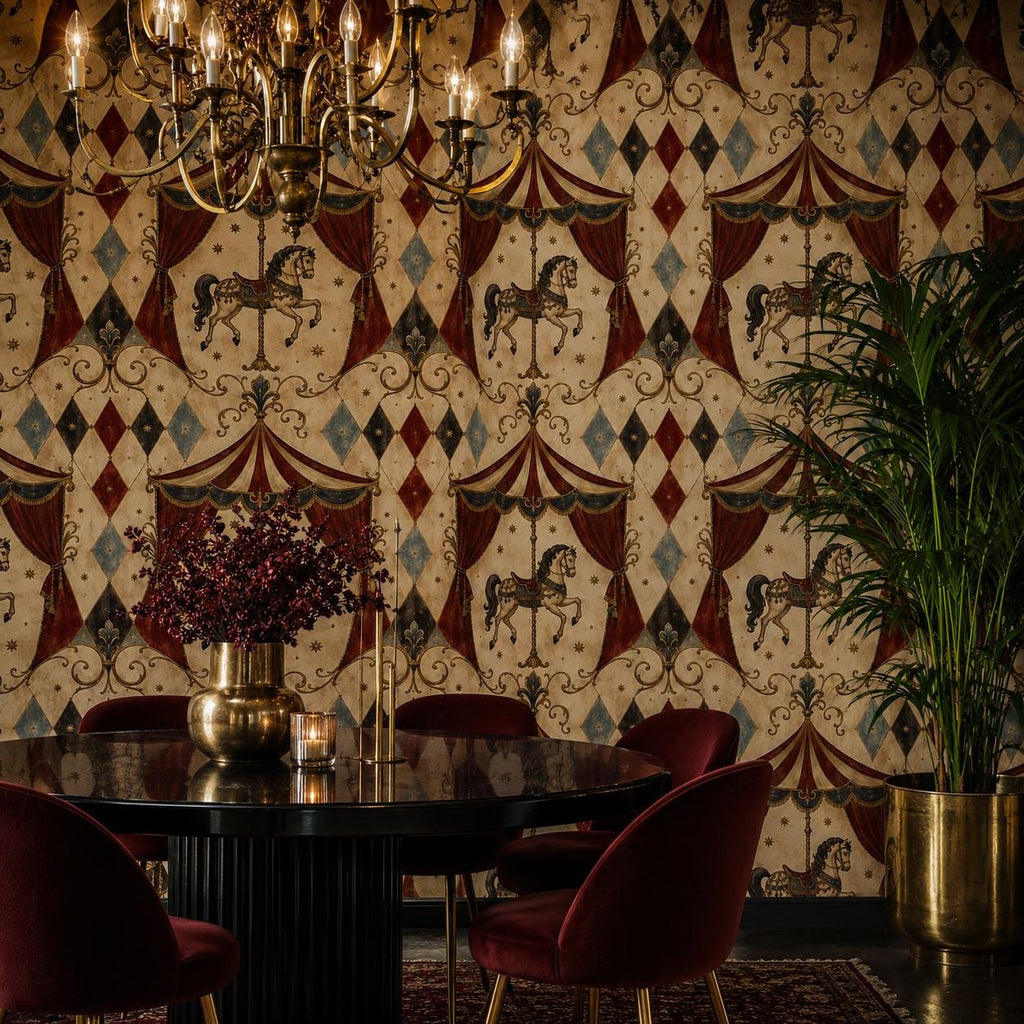 Oxblood harlequin circus wallpaper in a dining room with a round black table, red chairs and chandelier