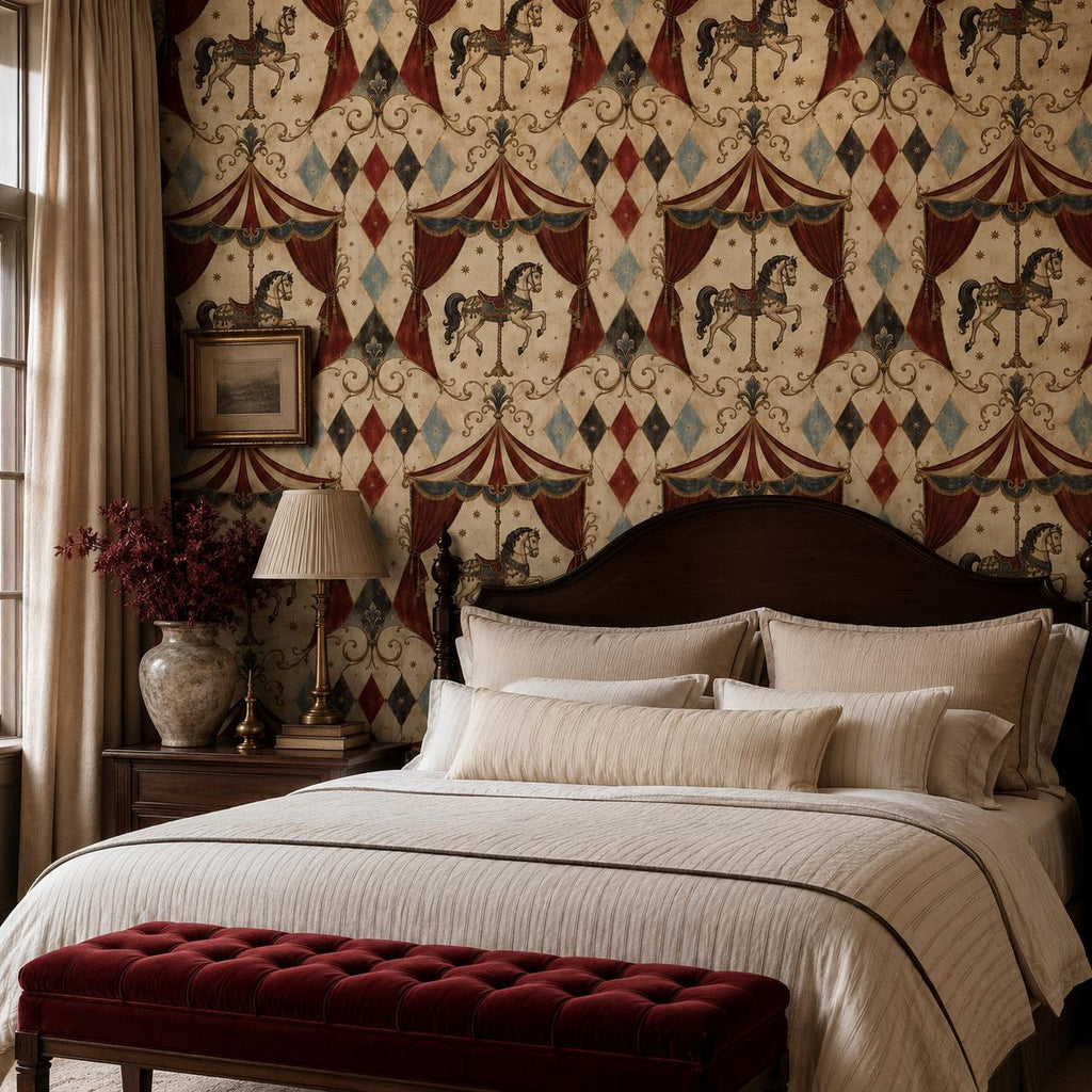 Oxblood harlequin circus wallpaper behind a dark wooden bed with a red tufted bench