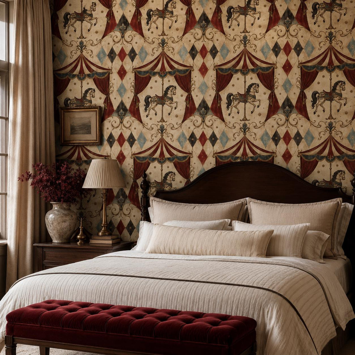 Oxblood harlequin circus wallpaper behind a dark wooden bed with a red tufted bench