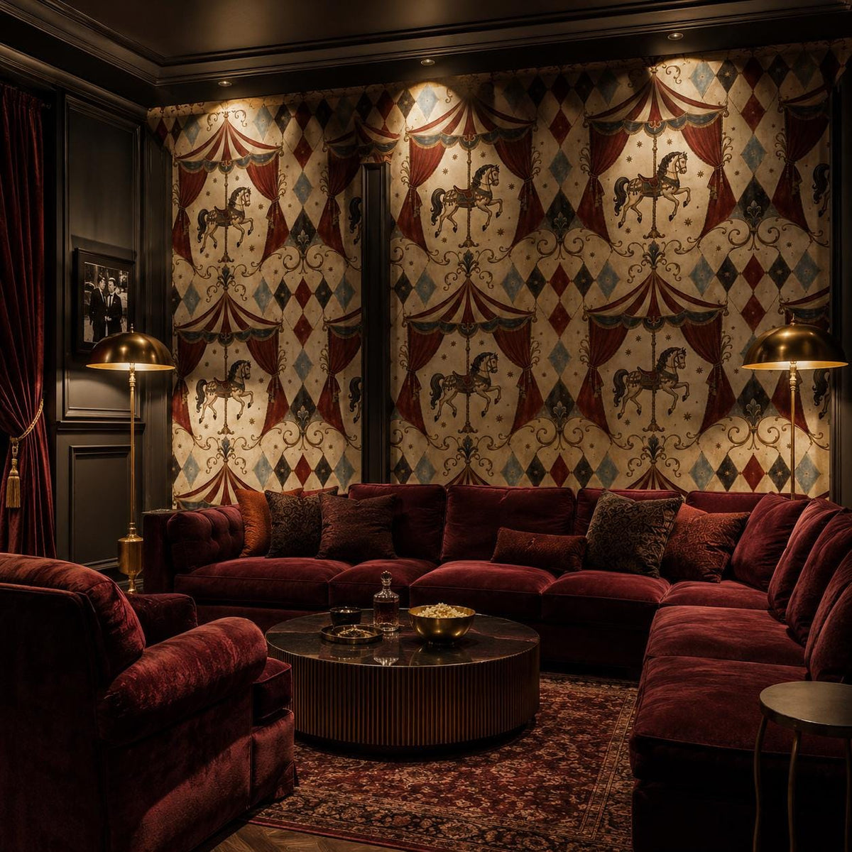 Oxblood harlequin circus wallpaper in a lounge with a red velvet sectional and round coffee table