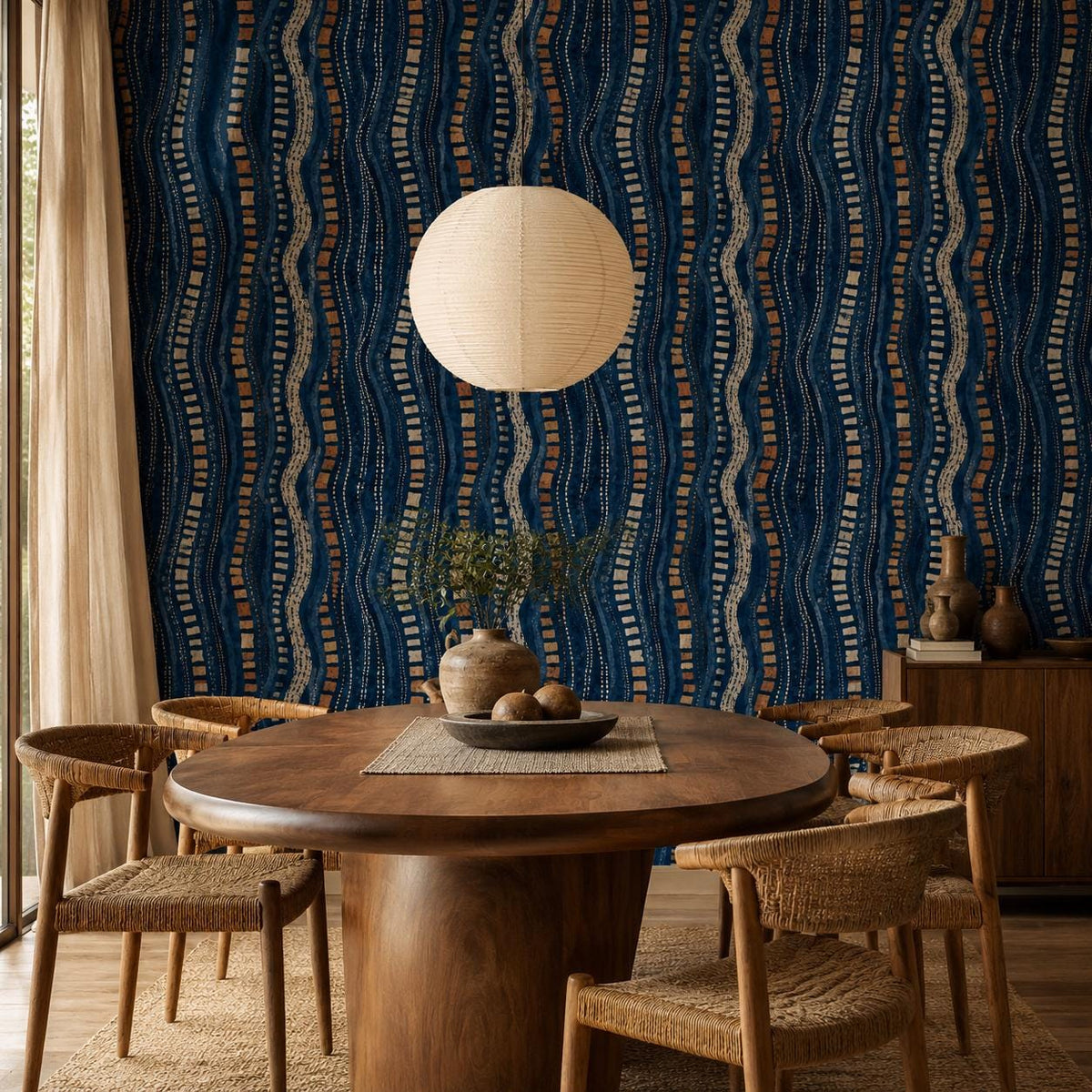 Afrohemian indigo mudcloth wallpaper in a dining room with a round wooden table, woven chairs and paper pendant