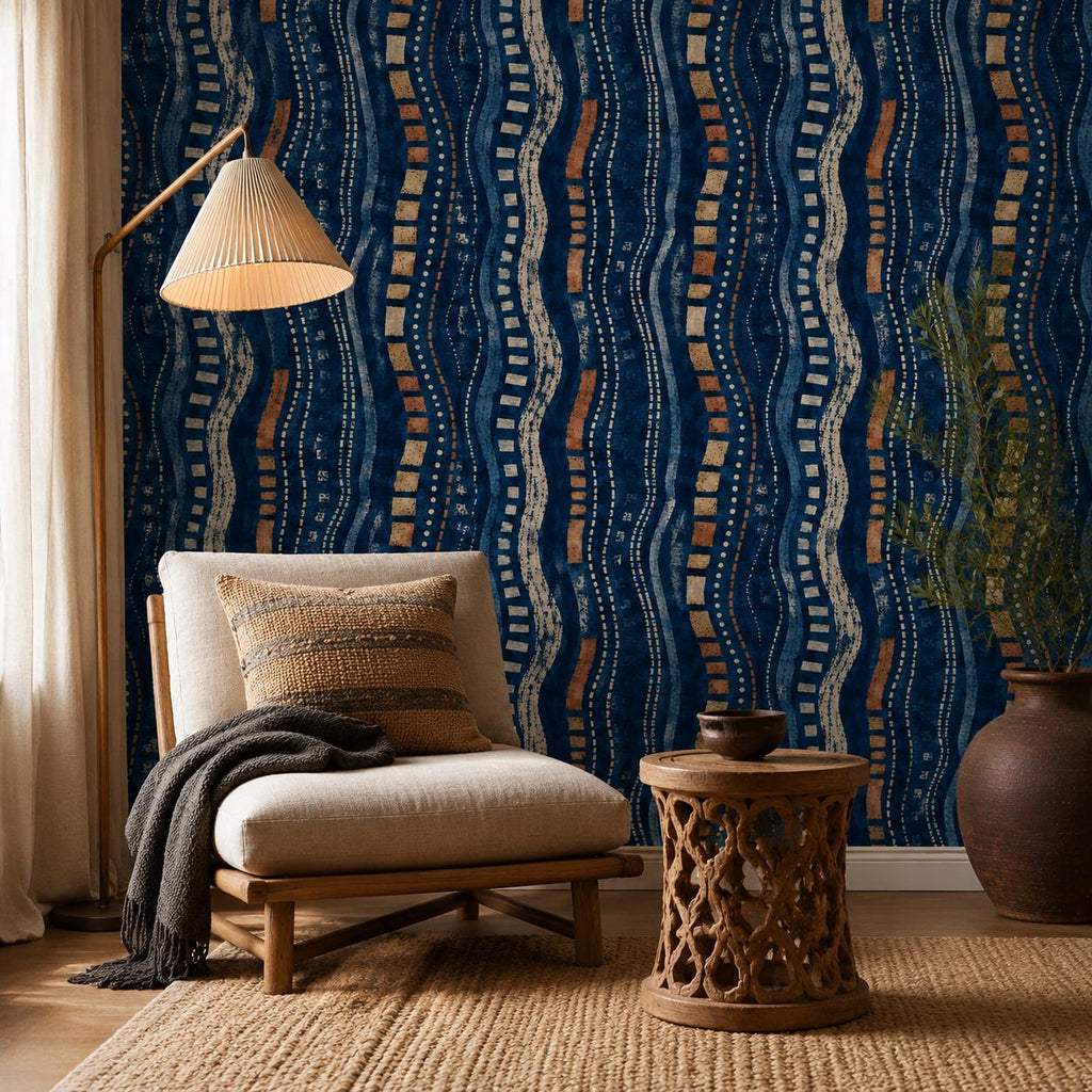 Afrohemian indigo mudcloth wallpaper in a reading corner with a lounge chair, pleated floor lamp and carved side table