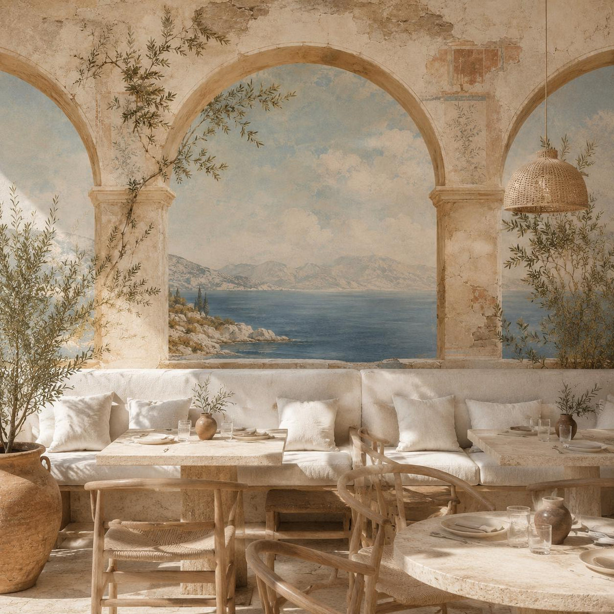 Greek fresco Aegean arch mural in a dining nook with a built-in cream banquette and wooden chairs