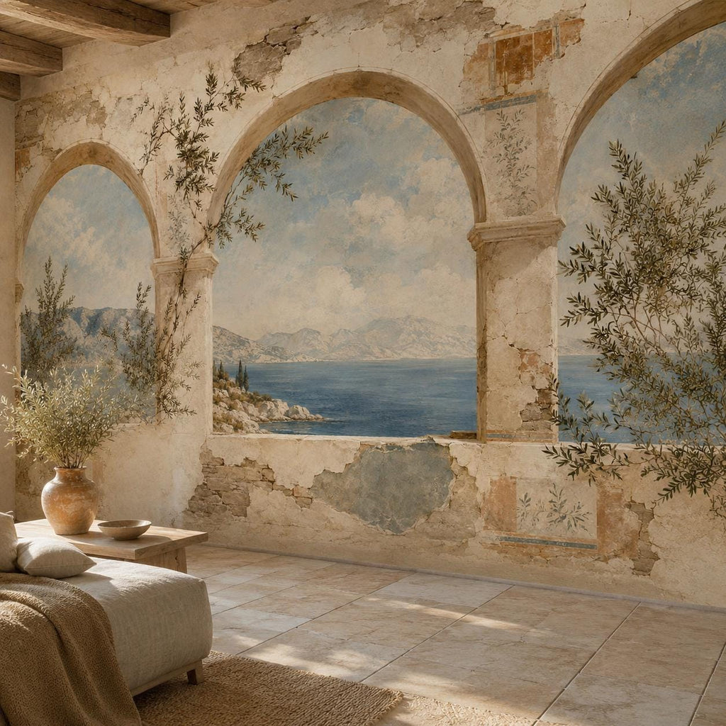 Greek fresco Aegean arch mural in a sunlit room with a tiled floor and a low lounge seat