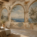 Greek fresco Aegean arch mural in a sunlit room with a tiled floor and a low lounge seat