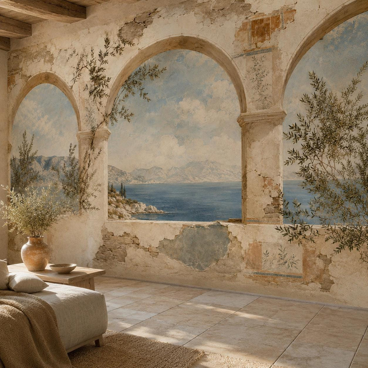 Greek fresco Aegean arch mural in a sunlit room with a tiled floor and a low lounge seat