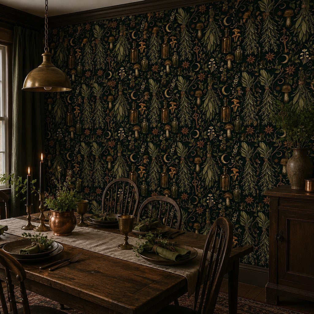 Kitchen witch dark botanical wallpaper in a candlelit dining room with a rustic table and spindle chairs