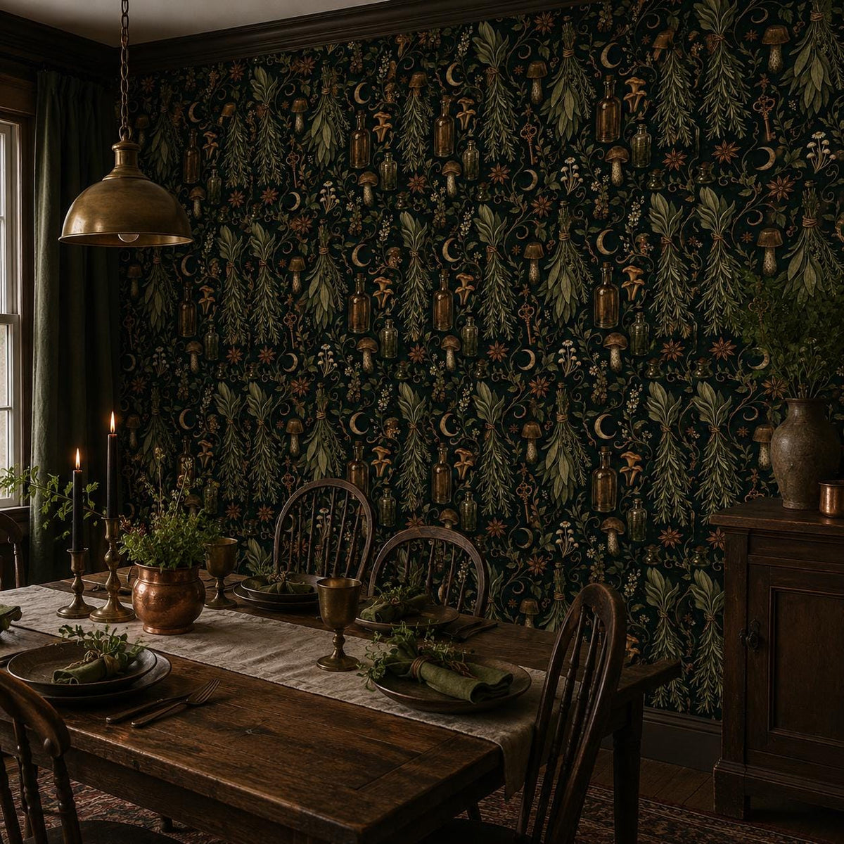 Kitchen witch dark botanical wallpaper in a candlelit dining room with a rustic table and spindle chairs