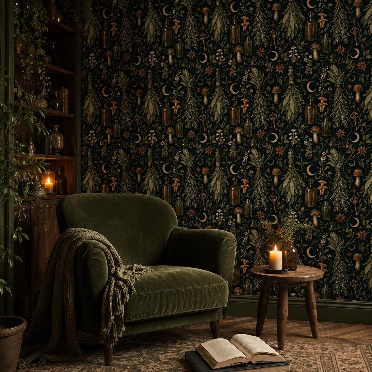 Kitchen witch dark botanical wallpaper in a reading corner with a green velvet armchair, candle and open book