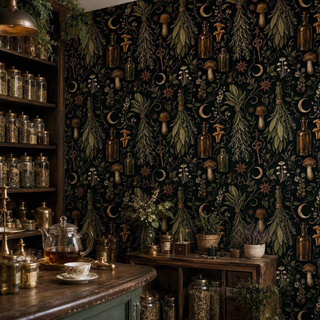 Kitchen witch dark botanical wallpaper in a pantry with shelves of glass jars and a teapot on the counter