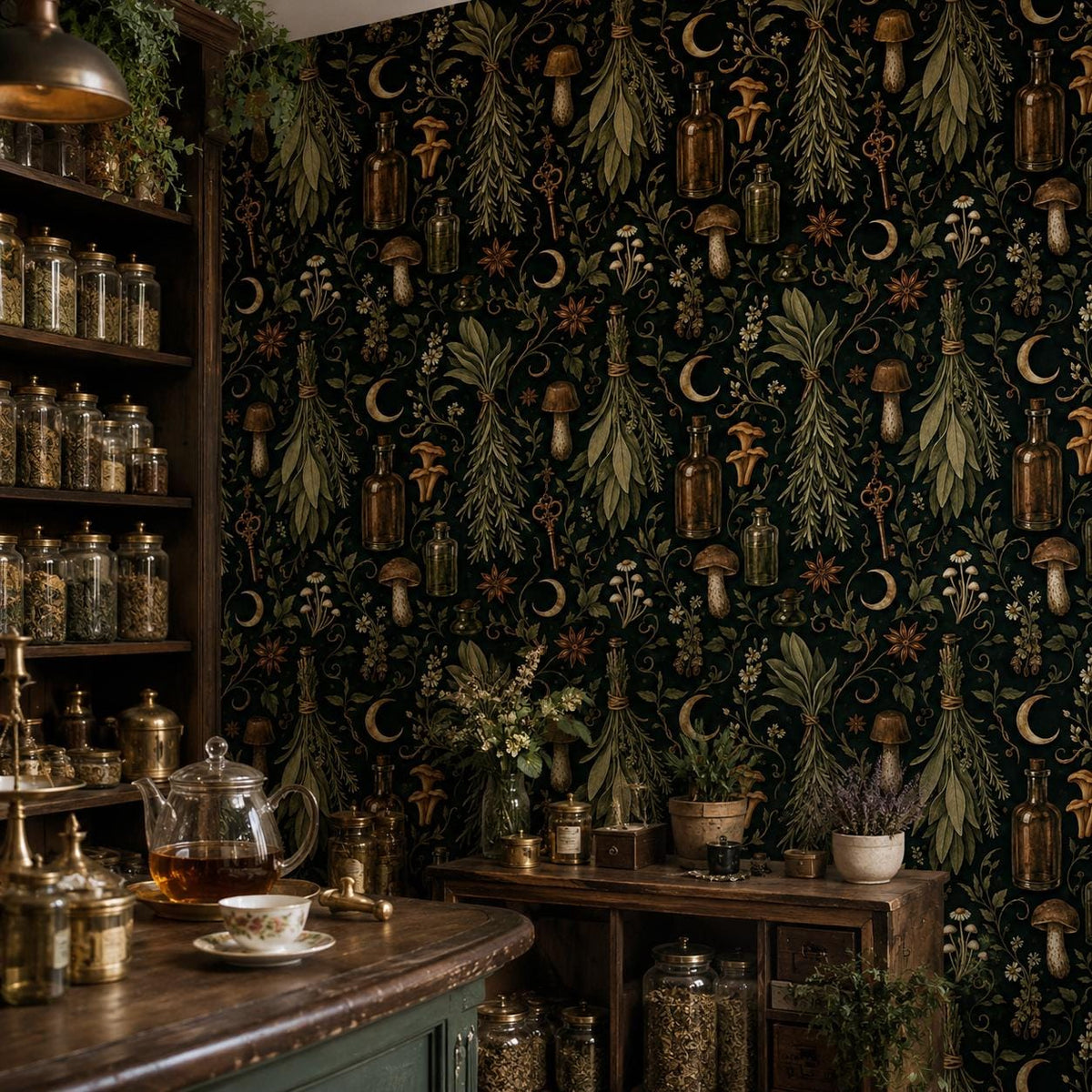Kitchen witch dark botanical wallpaper in a pantry with shelves of glass jars and a teapot on the counter