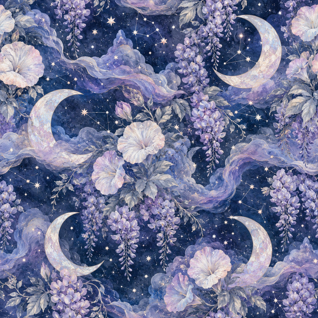 Celestial moon and wisteria wallpaper close-up of crescent moons, wisteria and white flowers on a starry sky