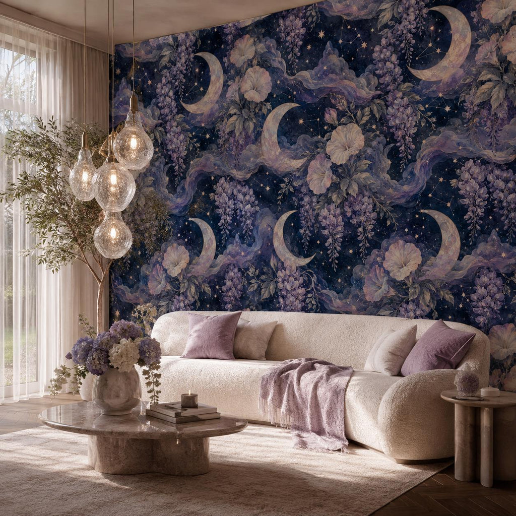 Celestial moon and wisteria wallpaper in a living room with a cream sofa, glass bubble pendant and lavender pillows