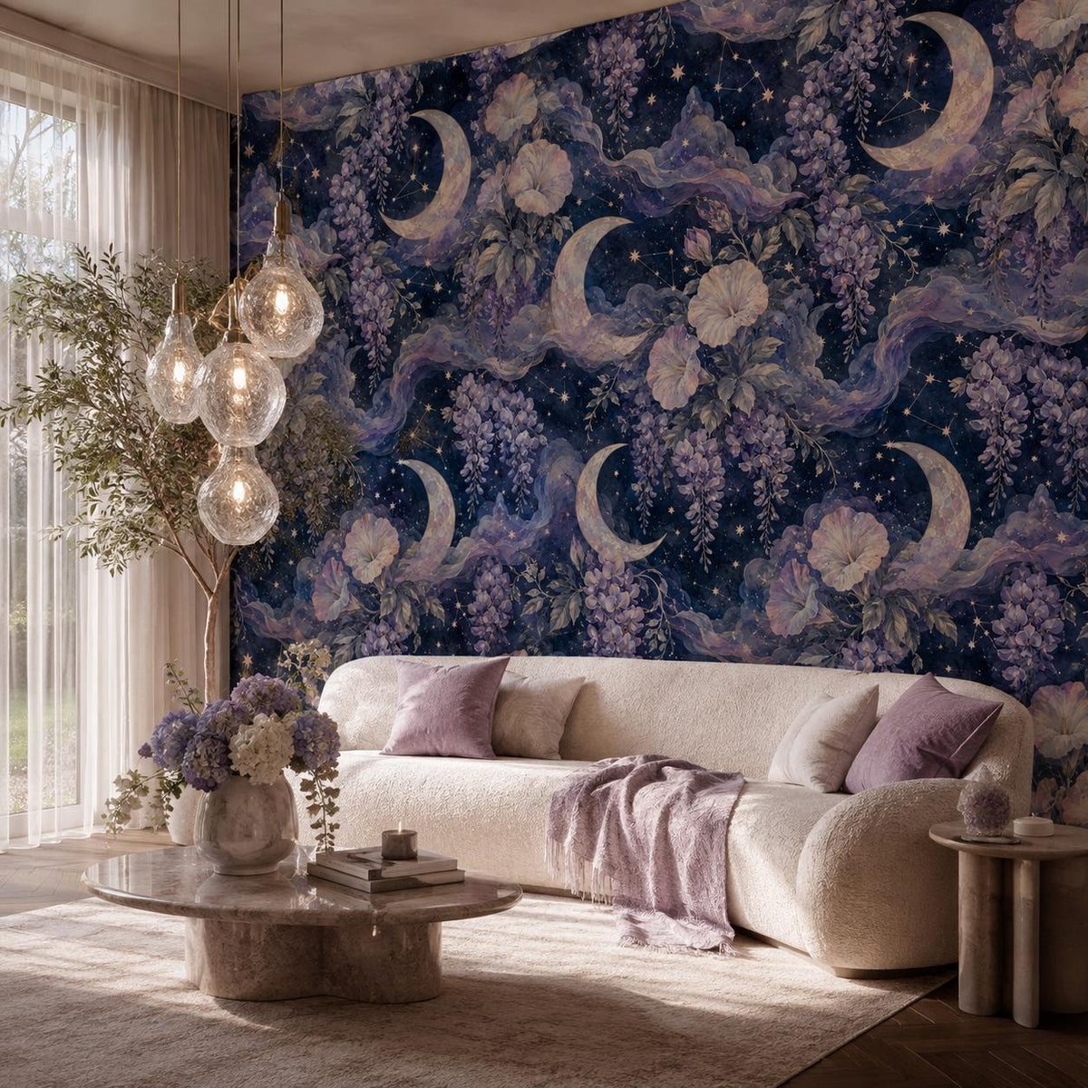 Celestial moon and wisteria wallpaper in a living room with a cream sofa, glass bubble pendant and lavender pillows