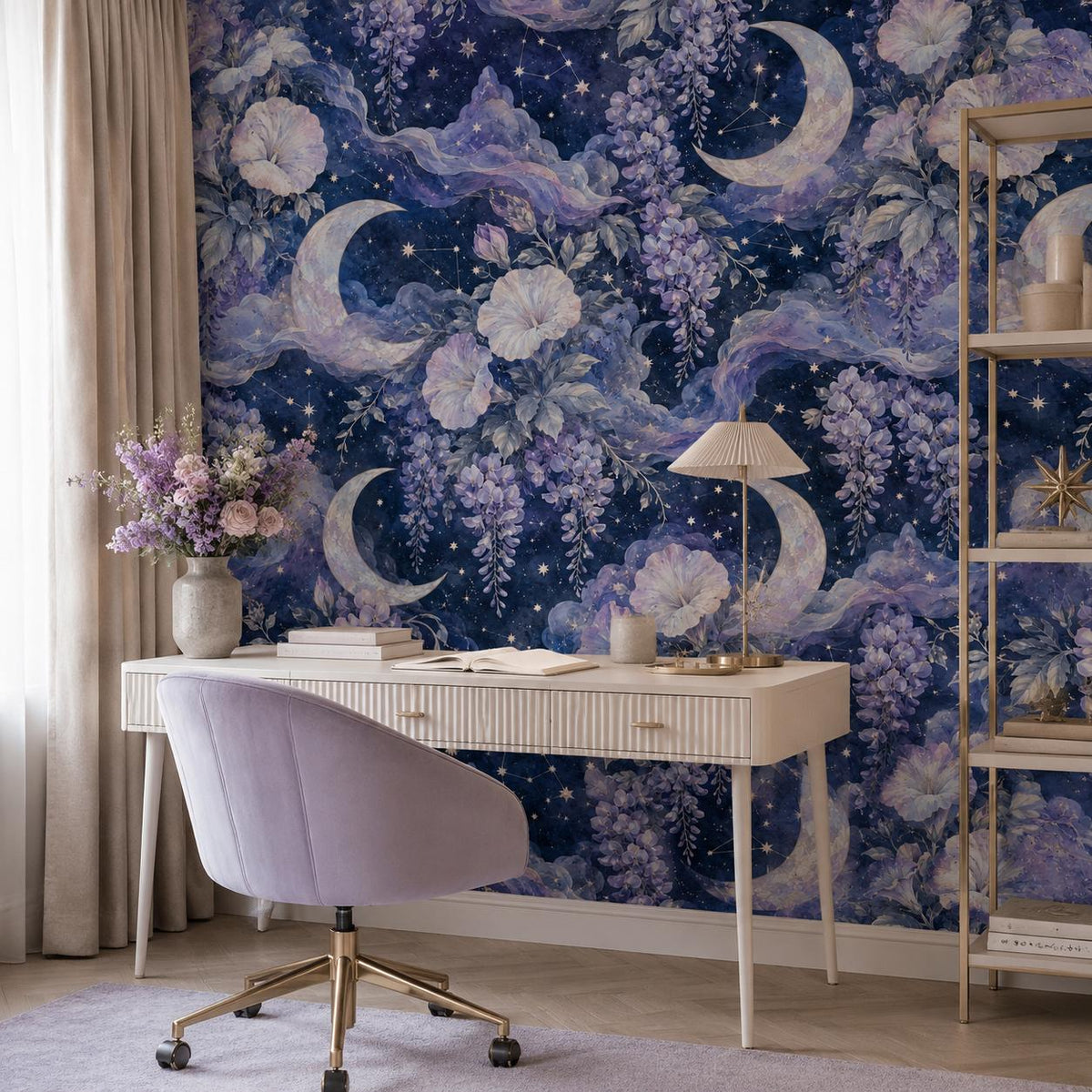 Celestial moon and wisteria wallpaper in a home office with a white desk, lavender swivel chair and shelving